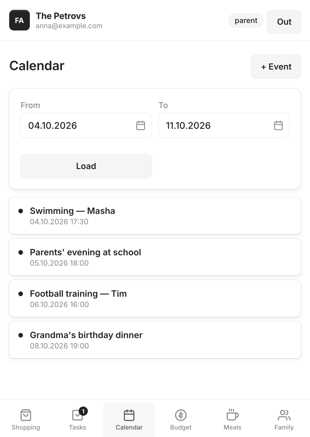 Calendar tab listing the family's events for the week